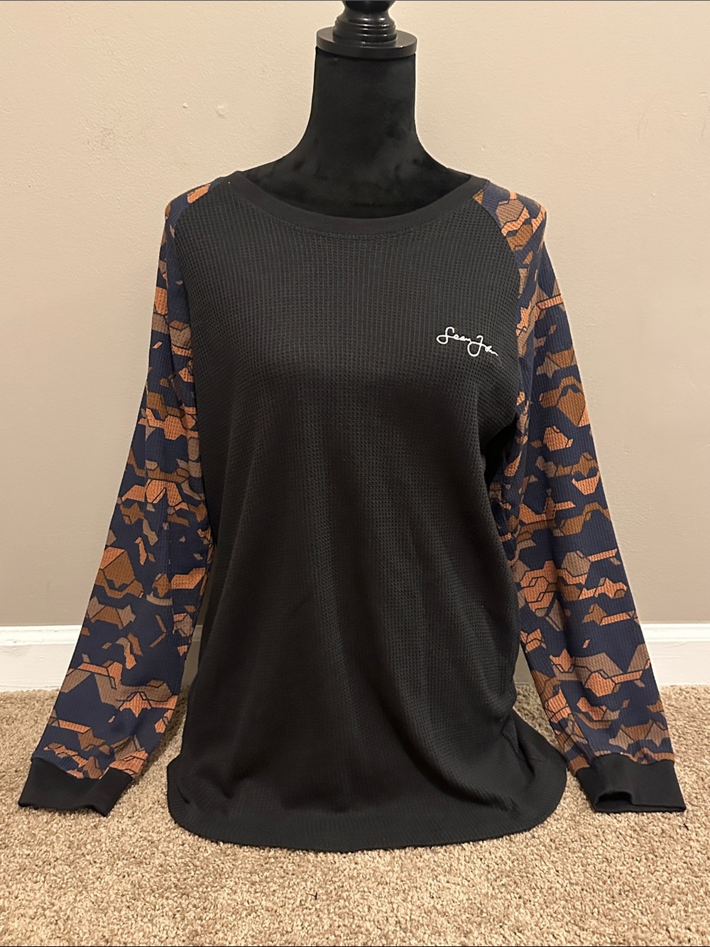 Sean John Black Thermal Long Sleeve Shirt with Navy & Brown Patterned Sleeves